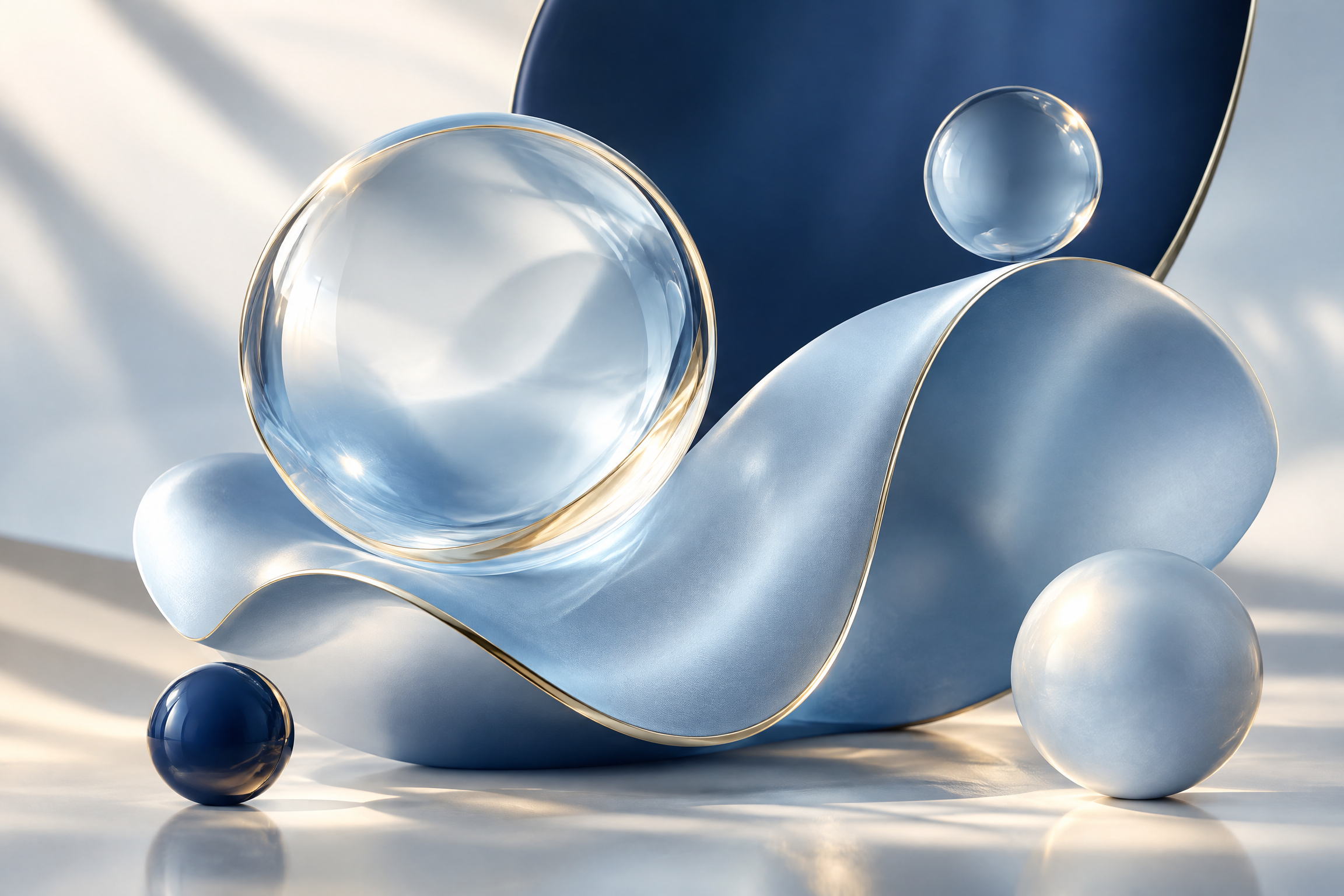 Abstract translucent spheres and pale blue sculptural forms